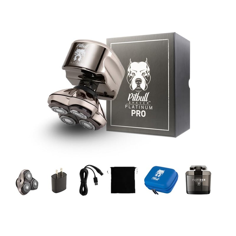 Skull Shaver Pitbull Platinum Pro - Electric Razor for Men - Cordless, Rechargeable, Wet/Dry, Ergonomic for Bald Head Shaving - with Rinse Stand & Travel Case - with Bonus Blade